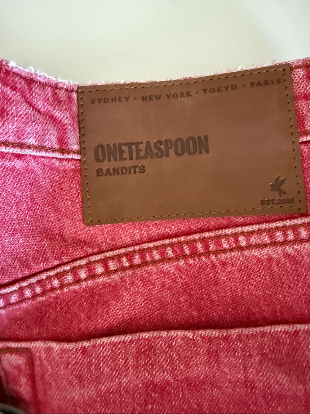 One Teaspoon Bandit Coral Red Distressed Roll-Cuff Denim Shorts - Picture 6 of 6